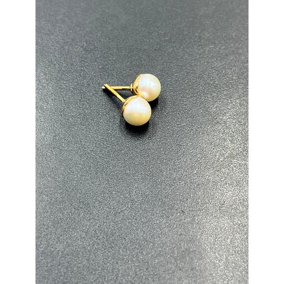 10k Yellow Gold Round 7mm White Pearl Stud Screw Earrings Buttercup Scallop Set - Picture 9 of 10